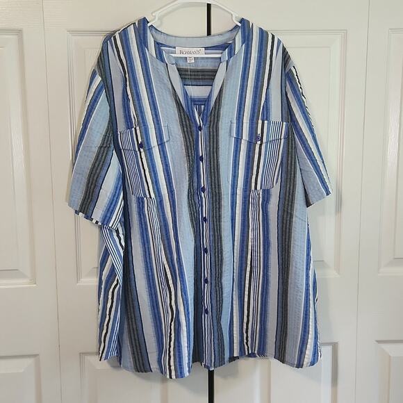 Roaman's Womens Multi-colored Striped V-neck Button Top Size 30W NWOT Seersucker - Picture 1 of 12